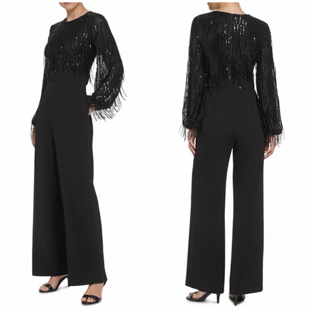 Eliza J Sequin Fringe Long Sleeve Jumpsuit Black 8 Evening Black Tie